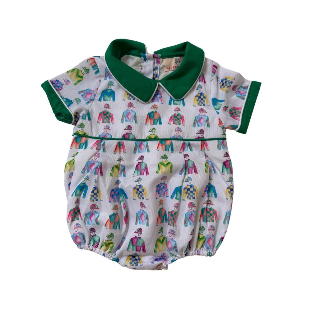Smockingbird Jockey Silks Bell Bubble Romper 3M Horse Racing Preppy Baby Girl